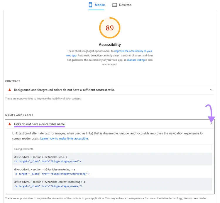 Accessibility report showing score 89 with arrow pointing to section on links without discernible names.