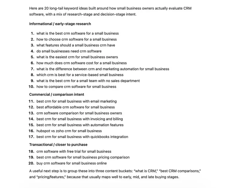 A list of long-tail keyword ideas, for a CRM software business, generated on ChatGPT based on a descriptive prompt.
