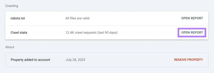 Google Search Console Crawling settings with the Crawl stats Open Report button highlighted