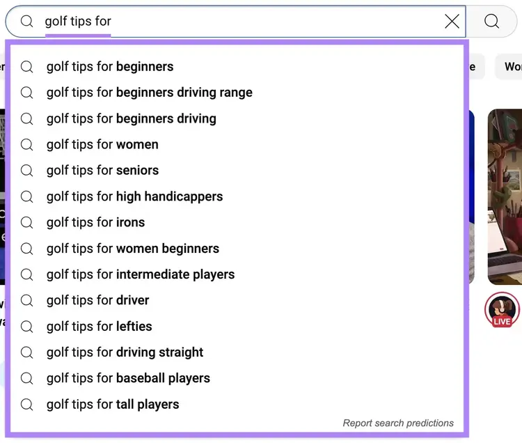 The YouTube search bar with "golf tips for" entered with a list of autocomplete suggestions appearing below.