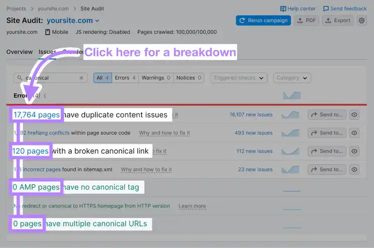 results page displaying 17,764 pages with duplicate content issues for specific URLs