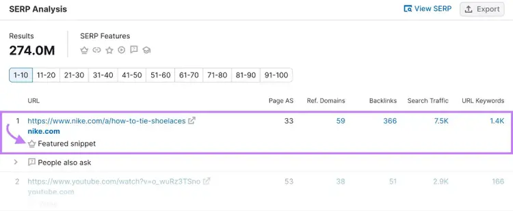 “SERP Analysis” section in Keyword Overview