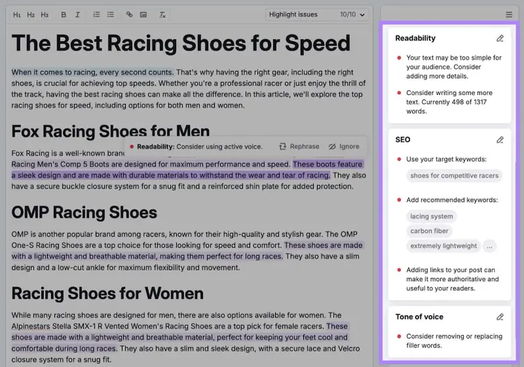 Recommendations to improve a blog post on SEO Writing Assistant including specific readability, SEO, and tone of voice tips.
