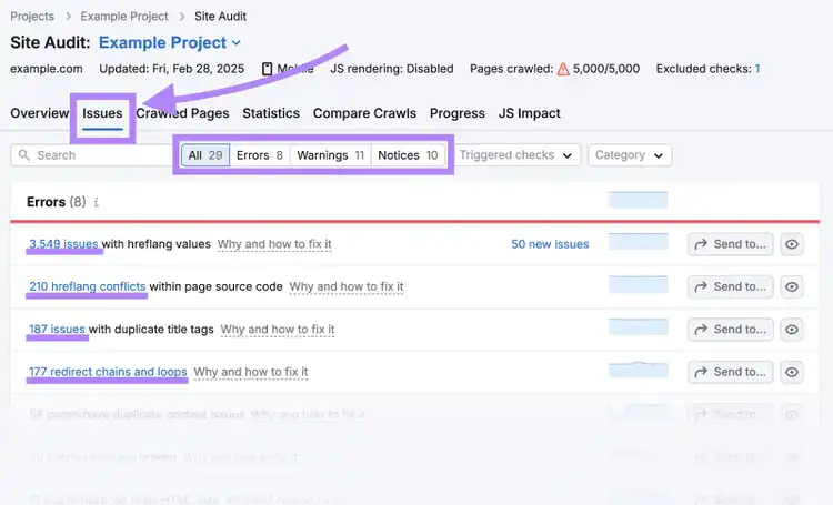 Issues report in Site Audit