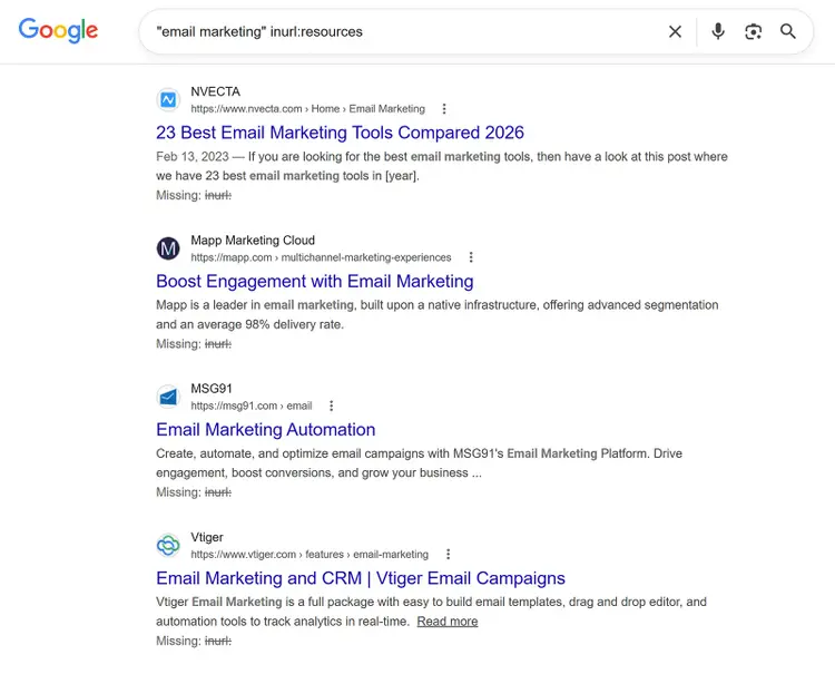 Google search results for the query "email marketing" inurl:resources