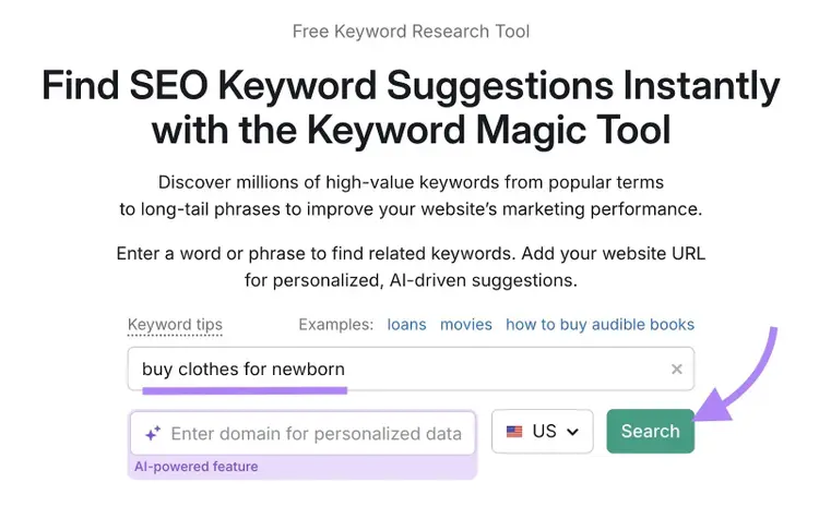 Keyword Magic Tool with "buy clothes for newborn" entered and "Search" clicked.