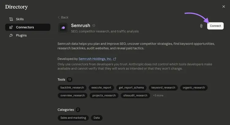 The Semrush Connector on the Claude directory with "Connect" clicked.