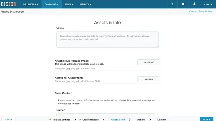 Cision assets screen for uploading images, videos, attachments, and press contact details.
