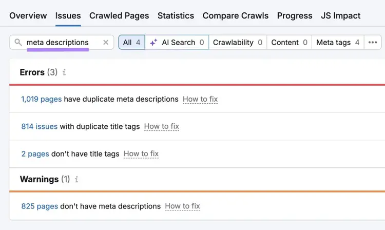 The "Issues" tab on Site Audit with "meta descriptions" entered showing a list of related errors and warnings.