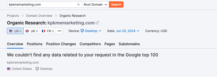 "Overview" tab of the Organic Rankings tool using "kpkmemarketing.com" as an example.