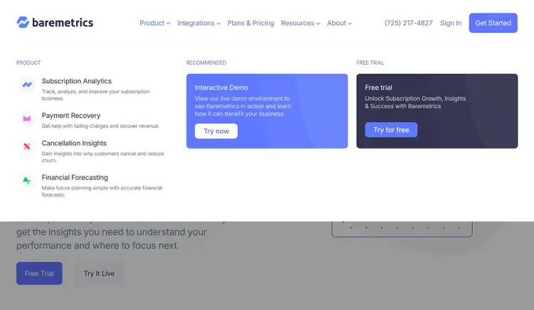 Baremetrics navigation