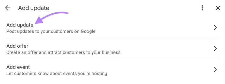 "Add update" clicked on the "Add update" window of GBP to post updates to customers on Google.