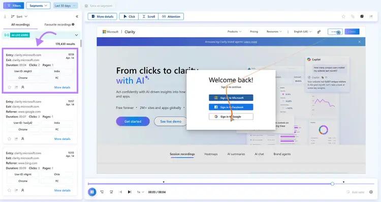 Microsoft Clarity session recording showing user interaction and click path on webpage