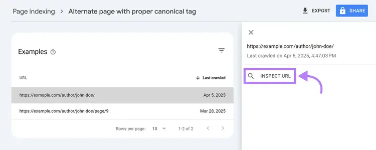 GSC example URLs list with Inspect URL button highlighted for canonical issue details