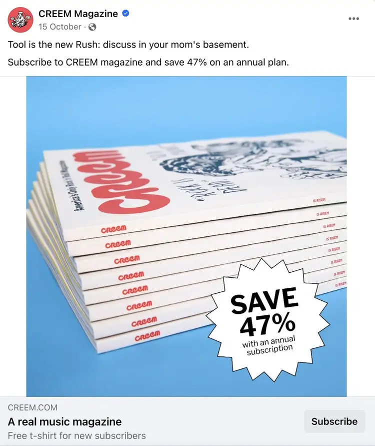 Creem Magazine's Facebook ad