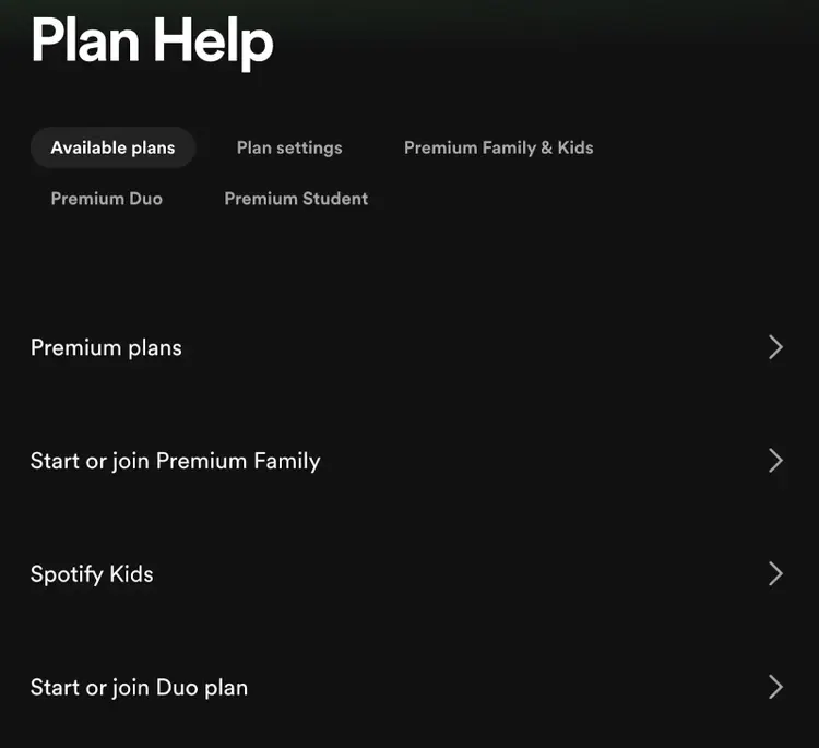 Spotify’s "Plan Help" page