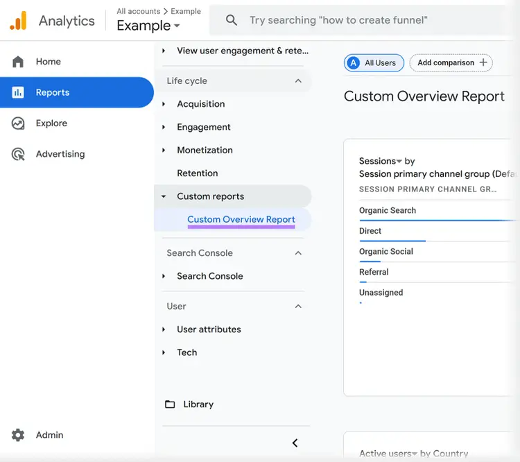 Google Analytics dashboard menu expanded showing Reports selected, Custom reports topic expanded, and Custom Overview Report selected and highlighted