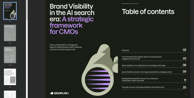 Cover page and table of contents of Semrush’s playbook ‘Brand Visibility in the AI Search Era.’