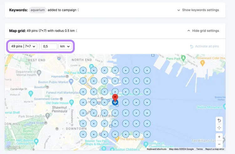 Map Rank Tracker local SEO setup with aquarium keyword and 7x7 map grid
