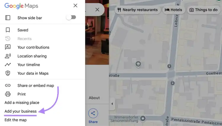 Add your business appears in the hamburger menu and below add a missing place.