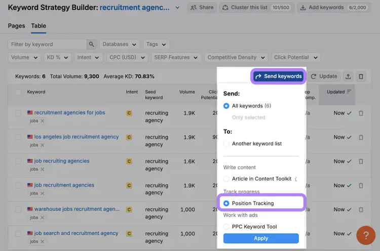 Keyword Strategy Builder for recruitment agencies: send keywords to Position Tracking dialog