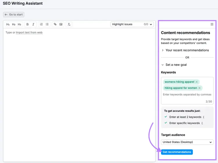 keywords are entered into tool with button highlighted