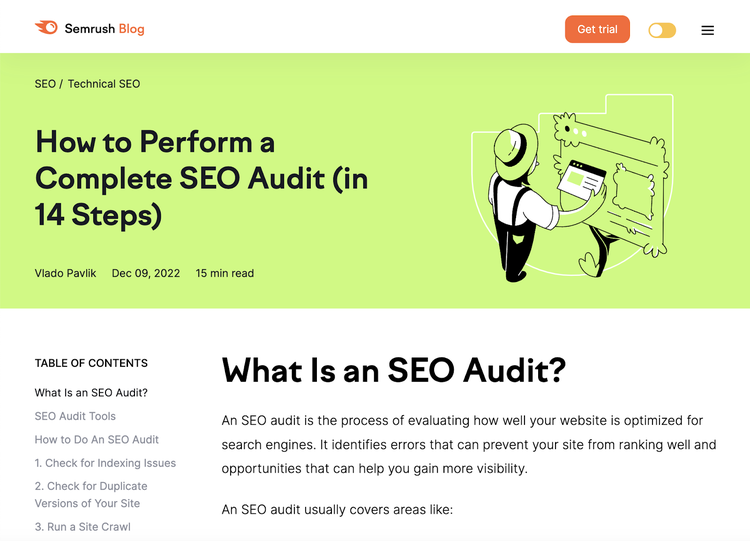 Semrush blog post on SEO audits page