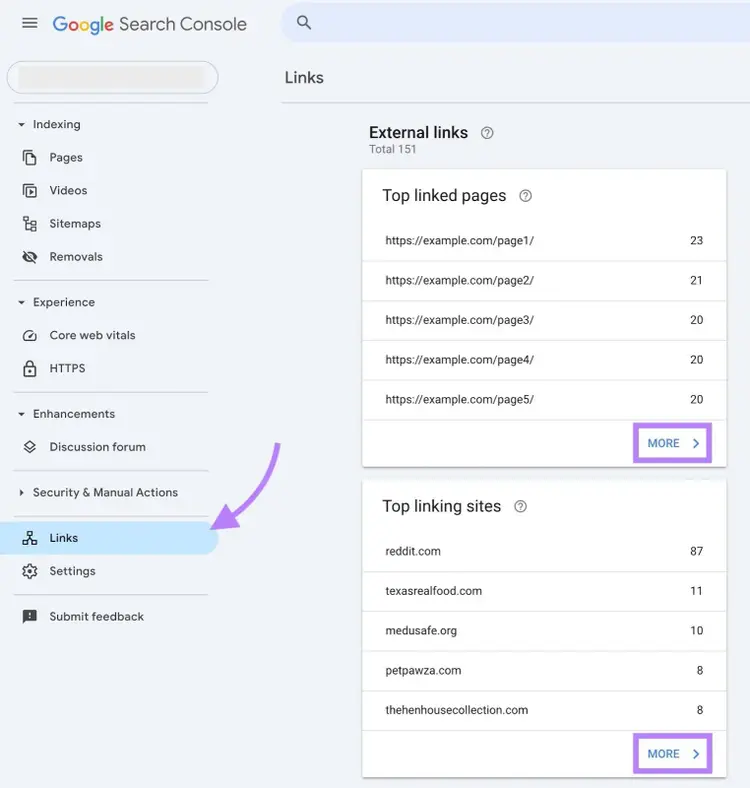 Links report on Google Search Console with "More" at the bottom of the "Top linked pages" and "Top linking sites" widgets highlighted.