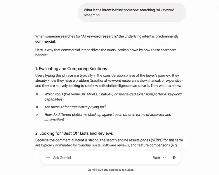 Gemini describing AI keyword research intent as commercial and focused on evaluating tools and solutions