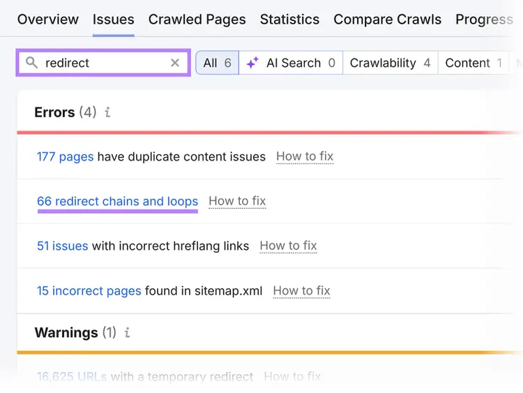 Semrush Site Audit issues filtered for redirect problems, including chains and loops