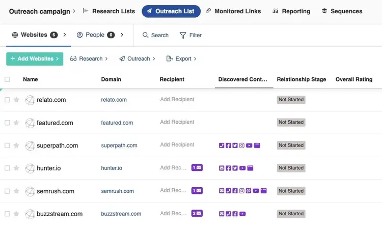 Outreach List on BuzzStream showing a list of added prospects along with domain, contact information, relationship stage, etc.