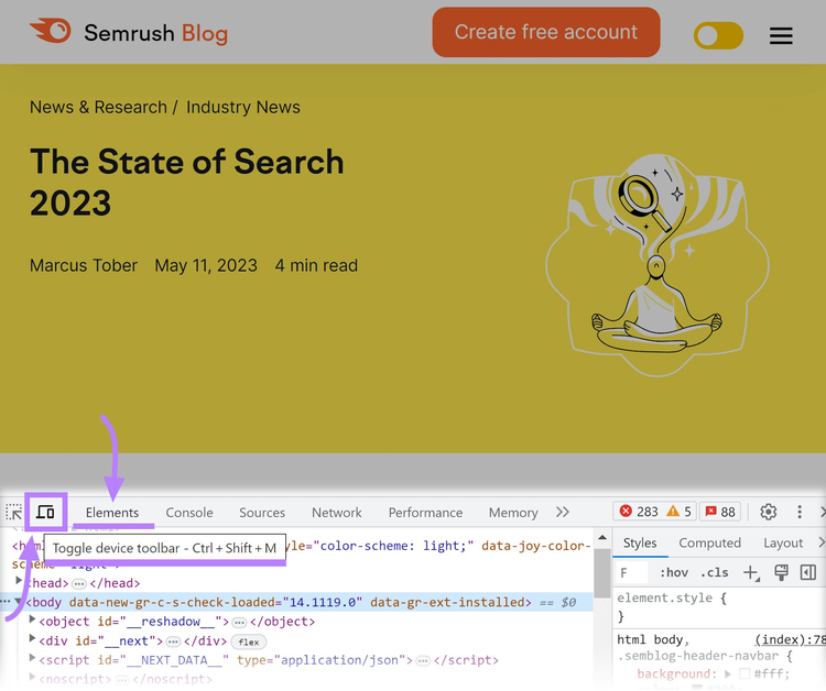 "Elements" tab and “Toggle device toolbar” icon highlighted