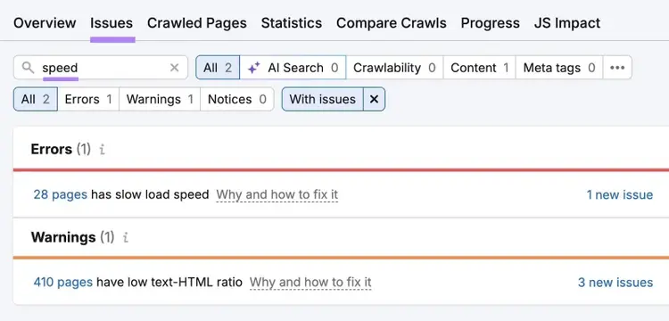 The "Issues" tab on Site Audit with "speed" entered which shows pages with slow load speed.