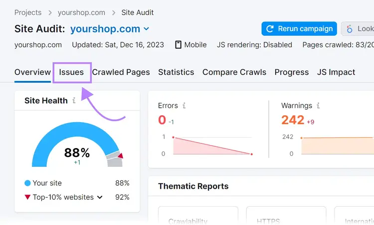 Site Audit tool with the "Issues" tab highlighted