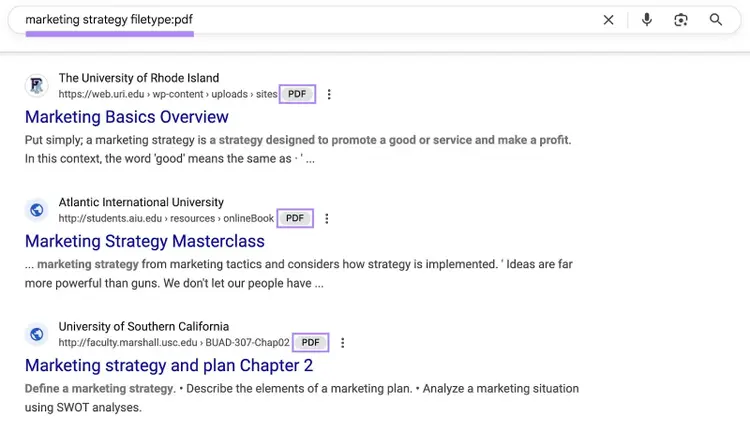 Google SERP with the "filetype:" search operators applied showing only results with a specific file type.