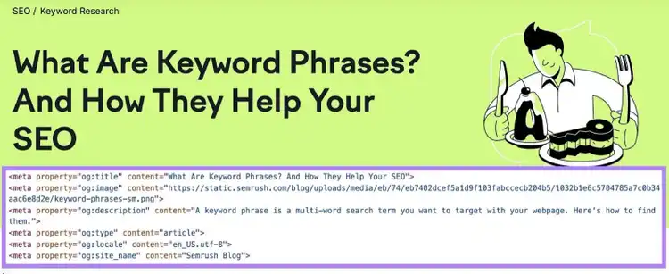 Open graph tags like title, image, description, type, locale, and site name on a web page's header.