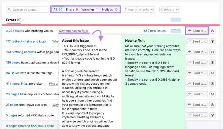 Site Audit hreflang error list with fix explanation and send options