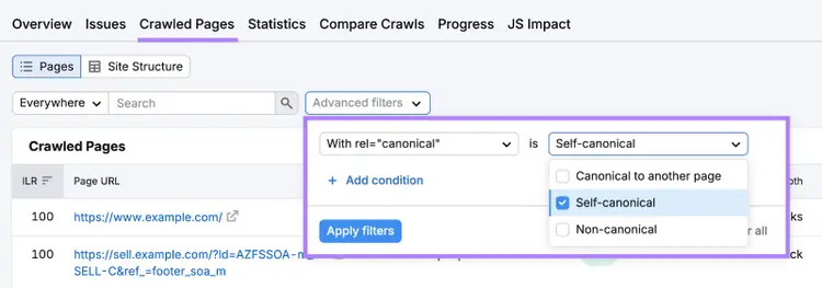 Under Crawled Pages, advanced filters, choose with rel="canonical" is self-canonical.
