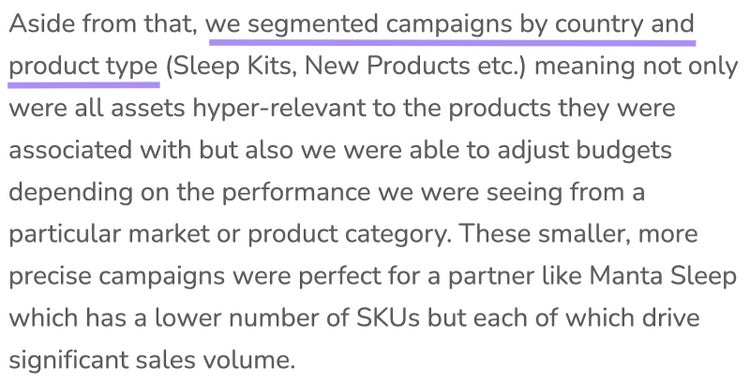 Manta Sleep segmented campaigns by country and product types