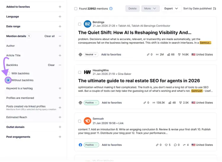 Brand Monitoring mentions list filtered to show mentions without backlinks, with articles and sentiment data.