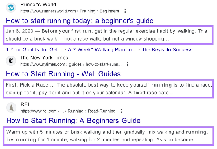 Google SERP for “how to start running” with meta descriptions highlighted in purple