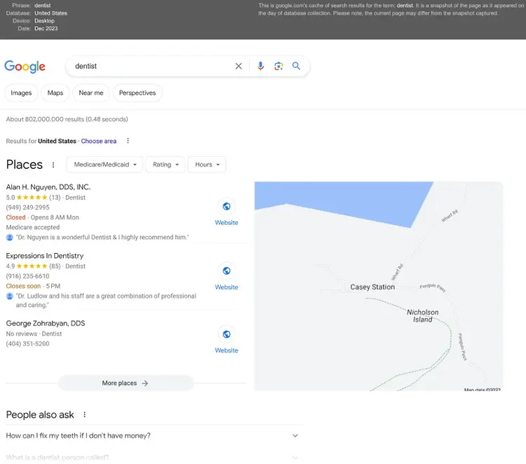 SERP preview for "dentist" keyword