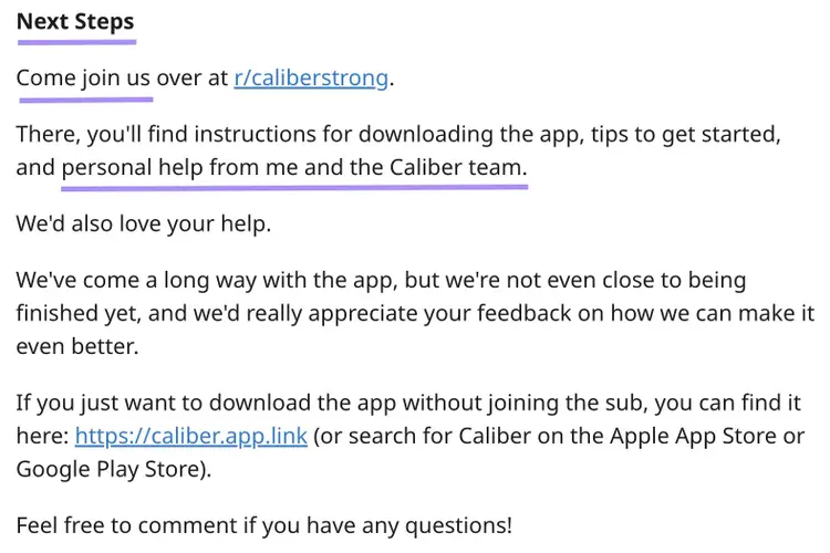 "Next Steps" section of Caliber's Reddit ad