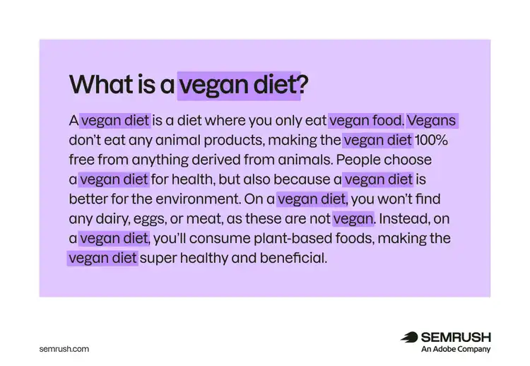 Keyword stuffing example shown on "What is vegan diet?".