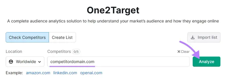 Enter competitors' domain to One2Target search bar