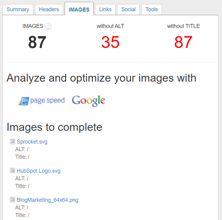 SEO META in 1 Click Images tab: 87 total, 35 without alt, 87 without title