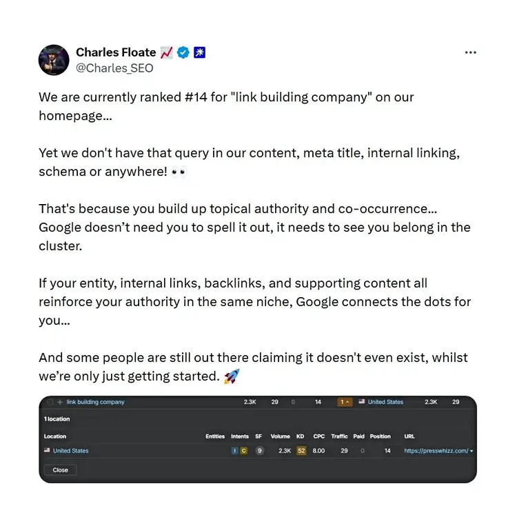 A post on X talking about brand building and SEO.