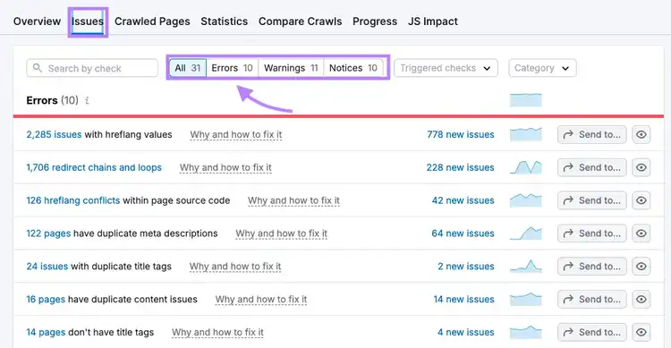 Overview of Semrush Site Audit Issues tab