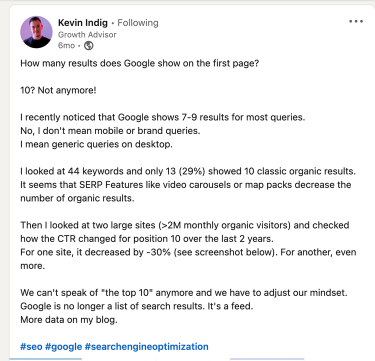 Kevin Indig LinkedIn post about Google showing 7-9 results due to SERP features