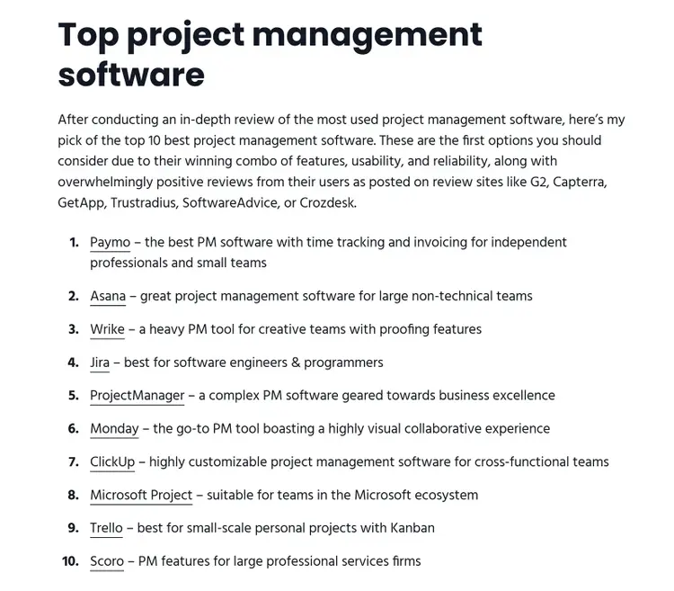 Blog post ranking the top 10 project management software tools with linked product names